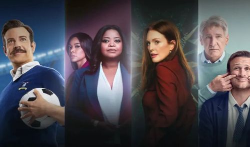 Mosaico de carteles de series y películas originales de Apple TV+ con sus protagonistas.