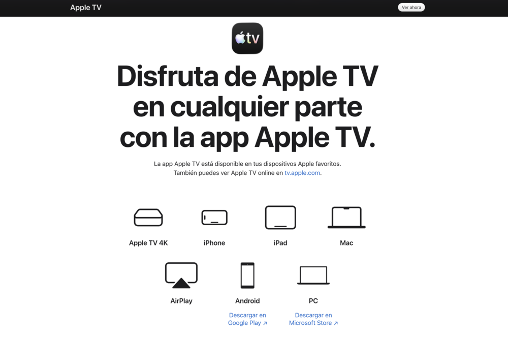 Interfaz de la página oficial de Apple TV que muestra la compatibilidad del servicio con dispositivos iPhone, iPad, Mac, Android y PC.
