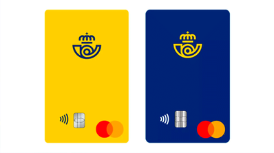 Dos modelos de la tarjeta Correos Prepago Mastercard, una amarilla y otra azul, mostrando el chip y el símbolo de pago contactless