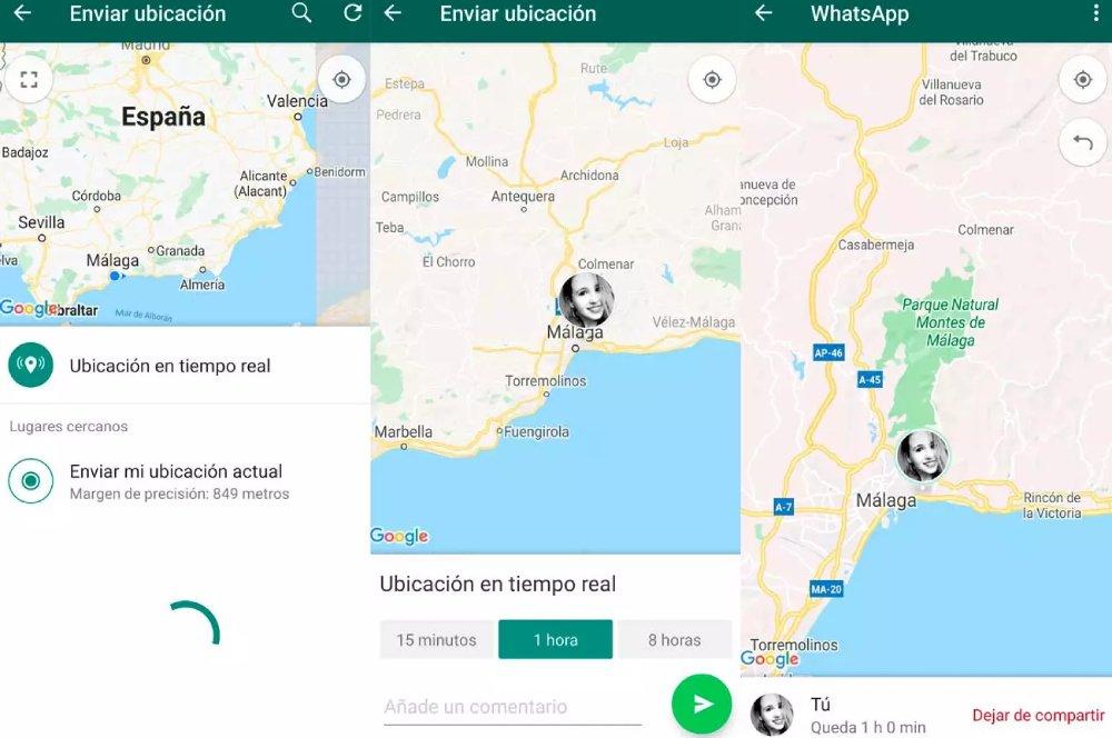 Capturas de pantalla que muestran cómo compartir ubicación en WhatsApp.