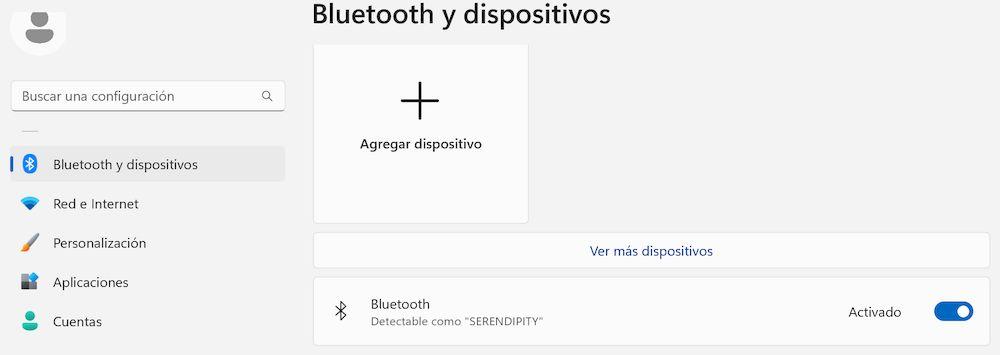 Menú de Bluetooth y dispositivos dentro de Windows