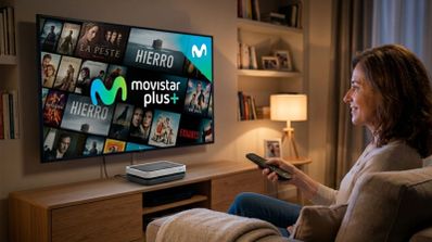 Mujer viendo Movistar Plus+ decodificador UHD