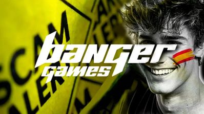 Logotipo de Banger Games sobre un fondo oscuro con efectos de neón, relacionado con la noticia de presunto fraude crypto