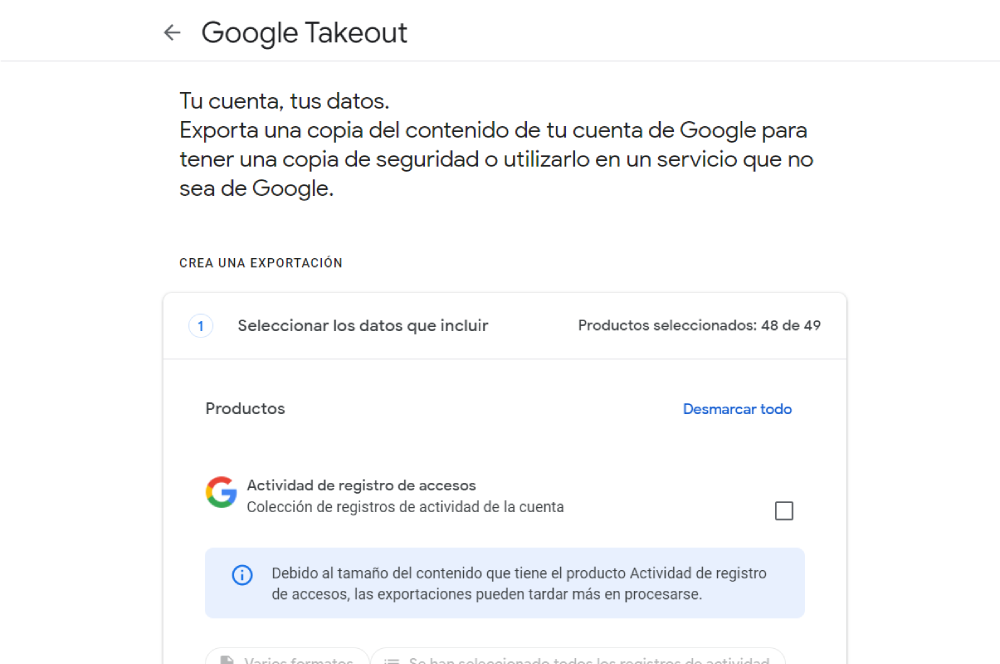 Google Takeout captura pantalla principal