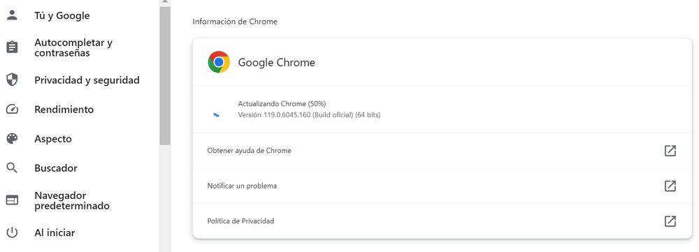 El navegador Chrome actualizando