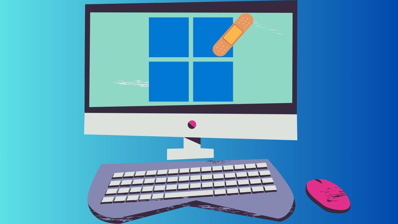 Ordenador con pantalla y logo de Windows 11 con tirita
