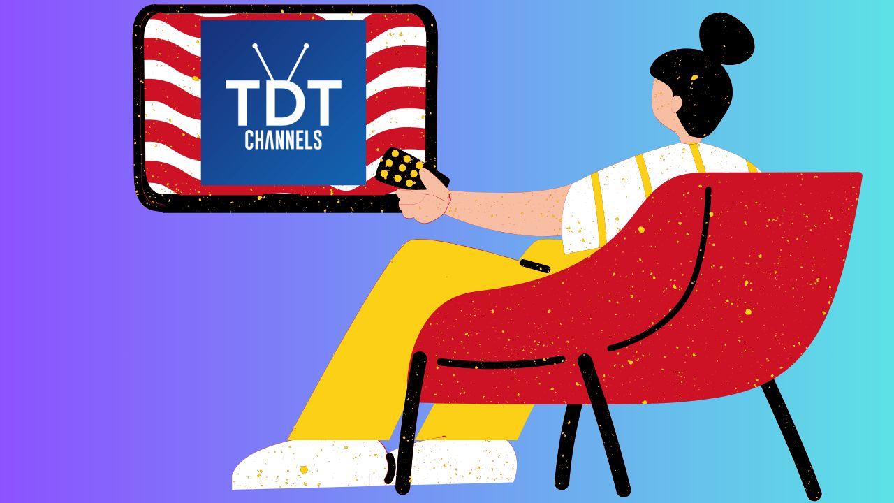 Dibujo animado viendo la televisión con logo TDTChannels