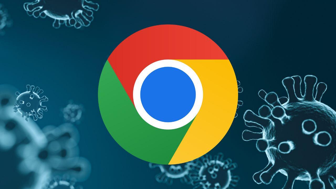 Logo de Chrome sobre fondo de virus