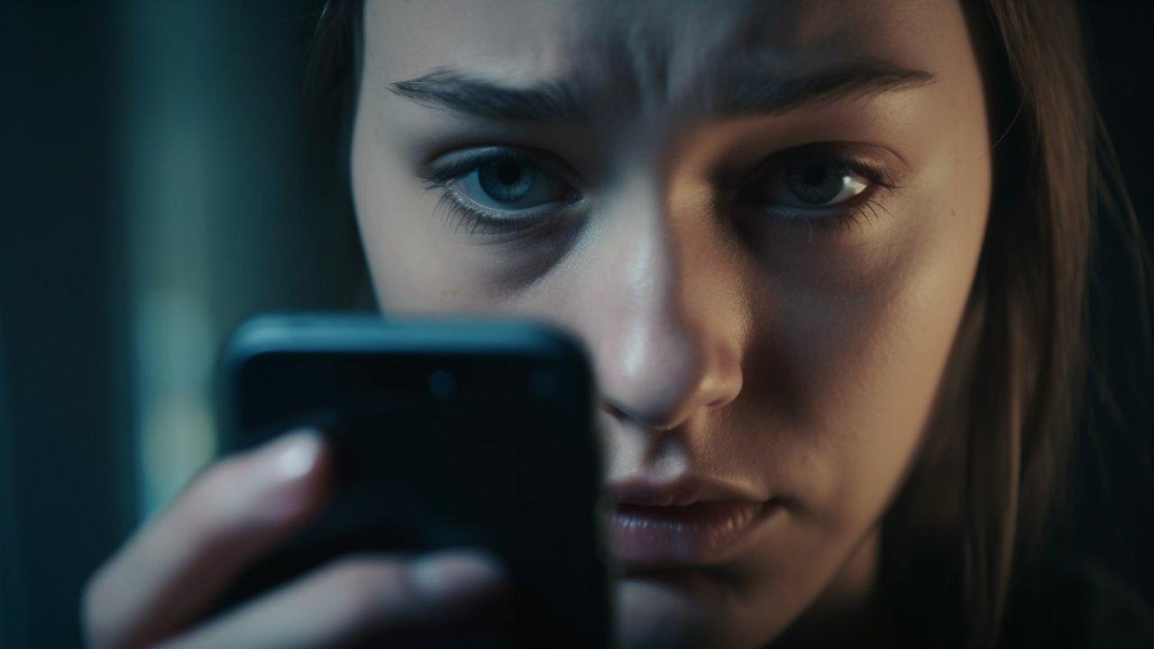 SMS mujer mirando móvil