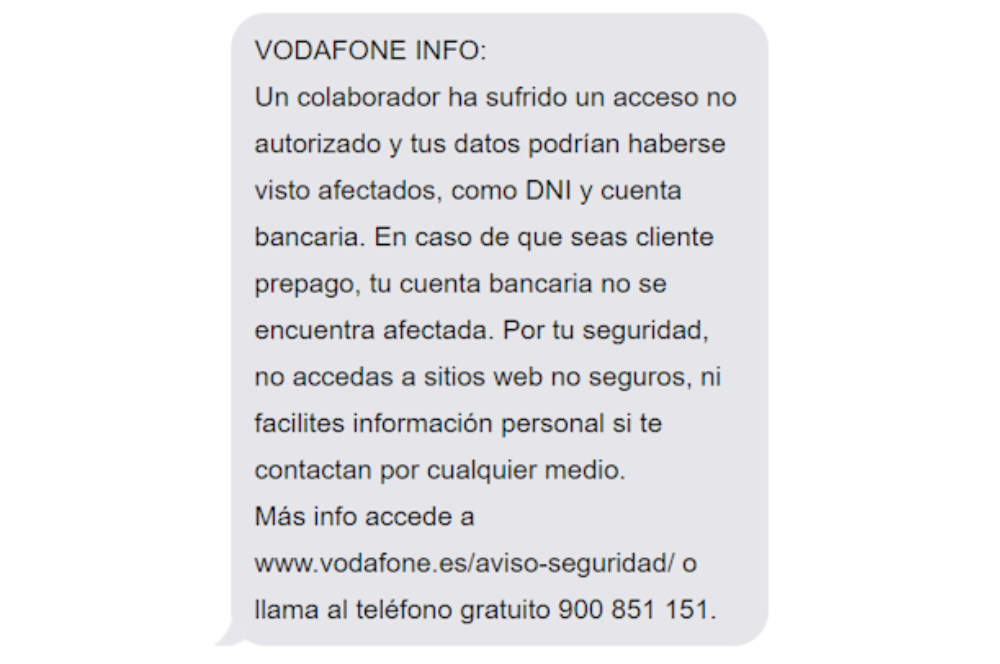 SMS Vodafone ciberataque robo datos