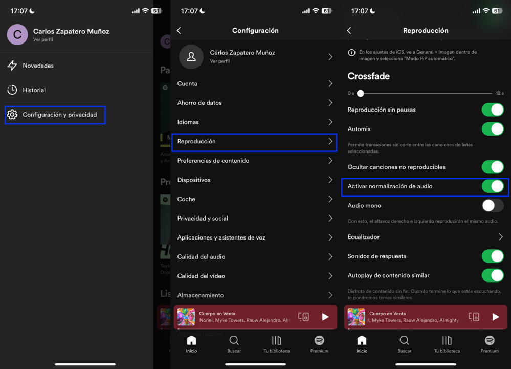 drie screenshots van de Spotify-applicatie die laten zien hoe je deze opties activeert