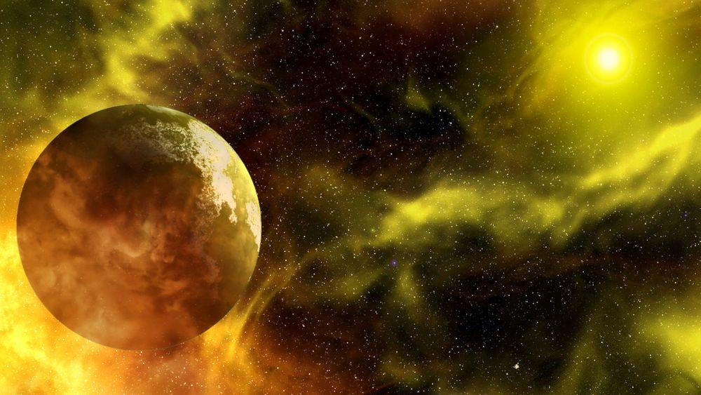 Un exoplaneta con luz amarilla procedente de una exoluna