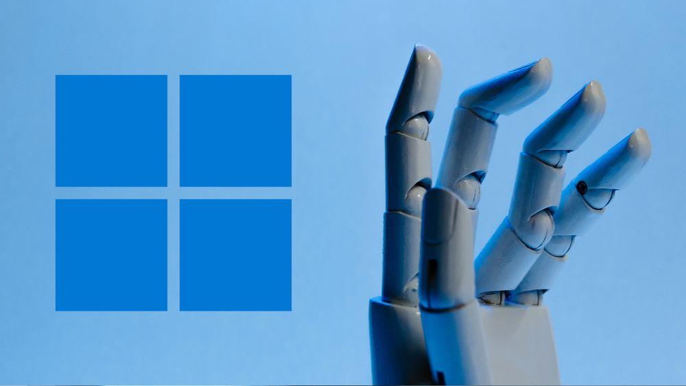 Mano de un robot al lado del logo de Windows 11