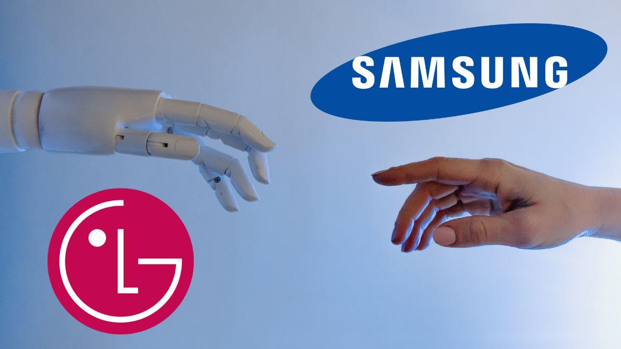Mano de robot y mano de humano con los logos de LG y Samsung