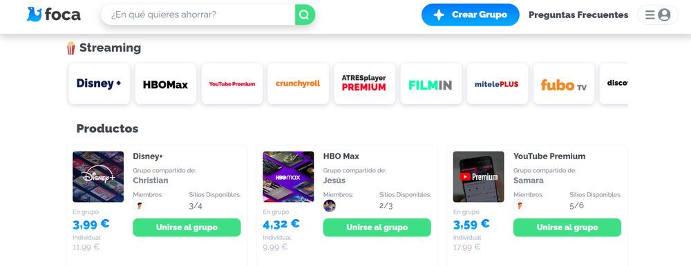 Sección de streaming en la web de suscripciones Foca