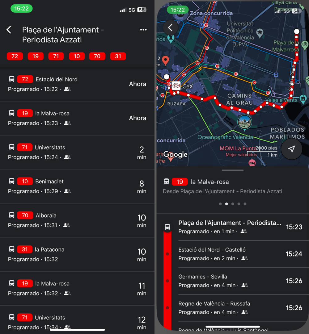 capturas de google maps sobre transporte publico