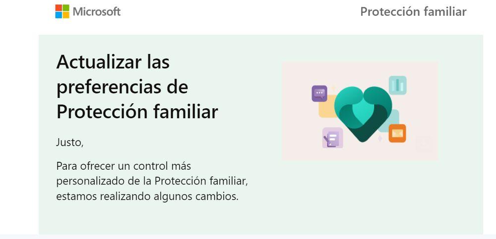 Correo electrónico de Microsoft para editar preferencias de Protección familiar