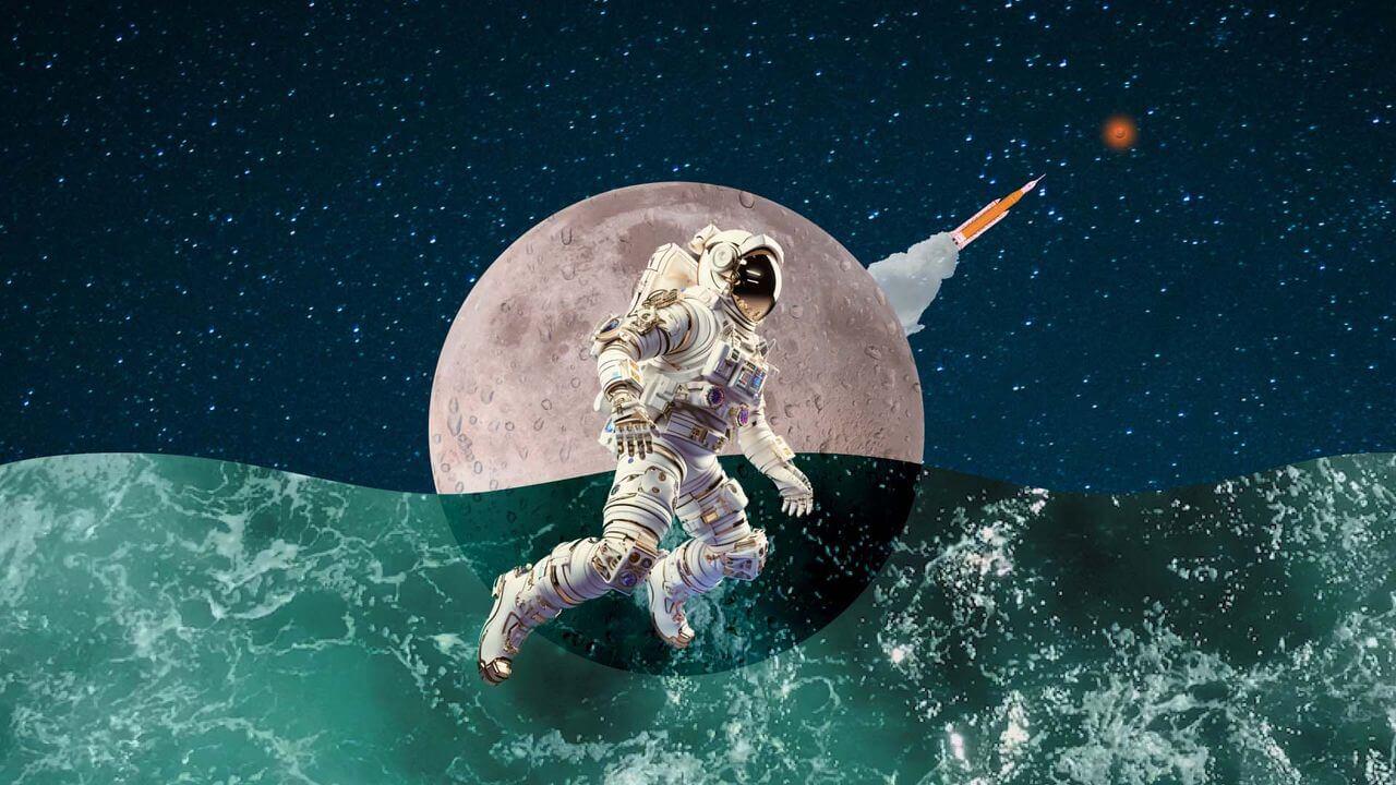 Un astronauta sobre un océano de agua en la Luna