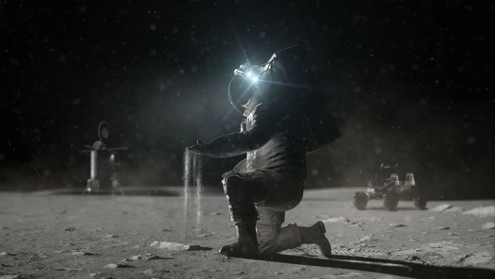 Astronauta recogiendo muestras del suelo de la Luna