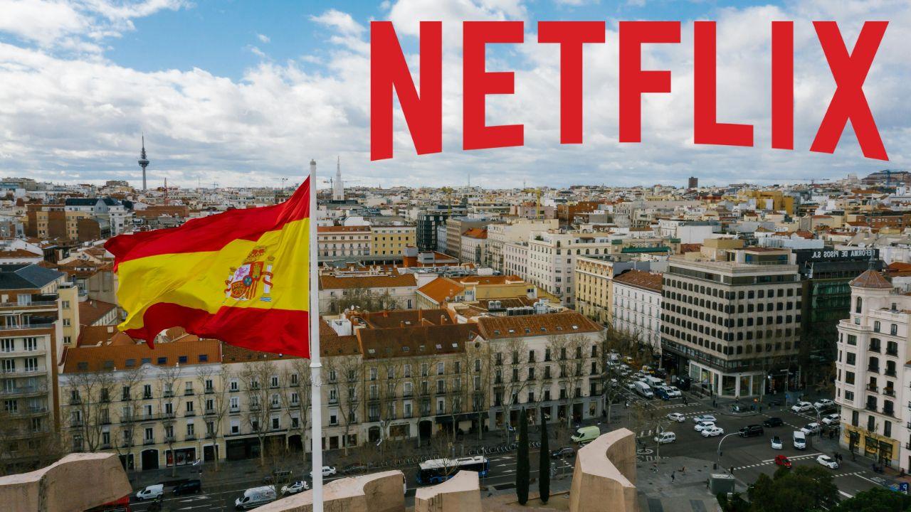 Paisaje de España con la bandera y el logo de Netflix