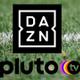 Logos de DAZN y Pluto TV en un campo de fútbol