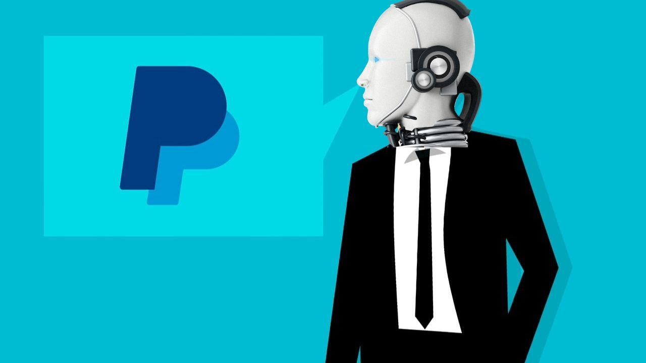 Un robot con traje y el símbolo de PayPal al lado