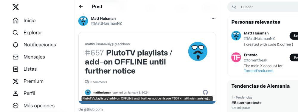 Mensaje de X de Matt Huisman confirmando la eliminación de algunos de sus canales