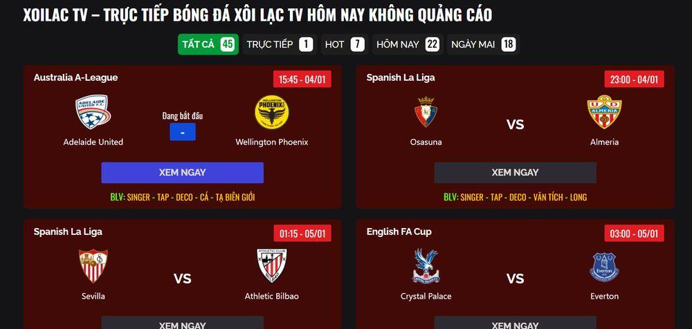 Interfaz de una web de piratería de fútbol en Vietnam