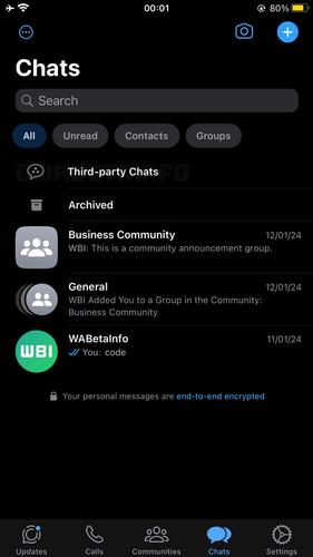 Pestaña de chats de terceros en WhatsApp (créditos: WABetaInfo)