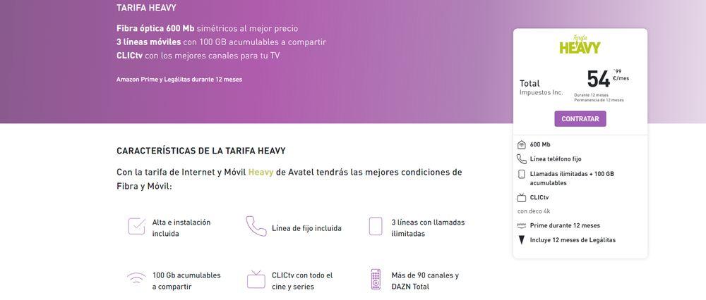 Información de la tarifa Heavy de la operadora Avatel