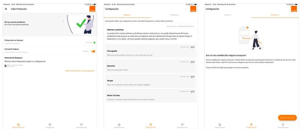 Capturas de pantalla de la app de Ciber Protección del servicio de Orange