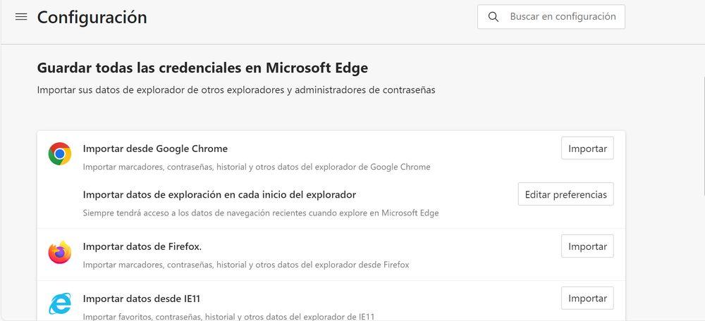 Menú de configuración de Microsoft Edge para el acceso a datos de otros navegadores