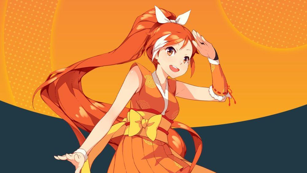 El personaje mascota de Crunchyroll saludando con el fondo naranja