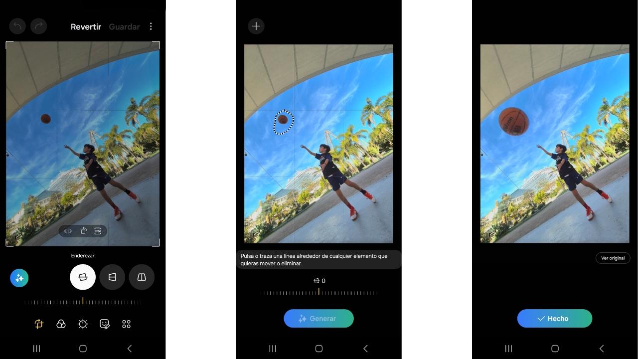 Vemos 3 fotos de un niño jugando al baloncesto saltando un poco. Y a través del Smartphone Galaxy S24 Ultra, utilizando las funciones de inteligencia artificial AI, el usuario retoca la imagen para cambiar el balón de baloncesto de posición sin alterar el fondo y sin perder calidad en la imagen y su resolución.