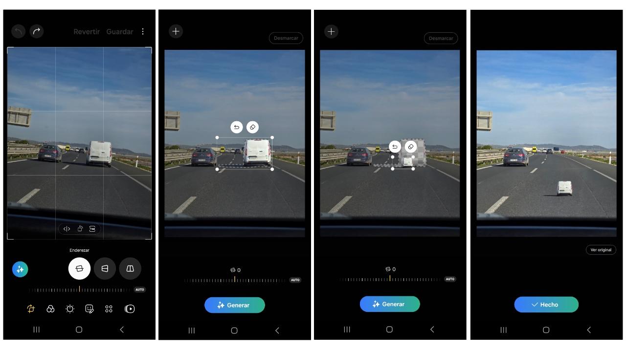 4 Images Are Seen From The Camera Application Of The Galaxy S24 Ultra Smartphone, In Which The New Artificial Intelligence Function Is Used For Photo Retouching, Where You Can Transform A Van To Mini Size, Which Is On A Local Road, On The Sides Of Which There Are More Cars.  The Driver Takes The Photo With His S24 Mobile Phone.