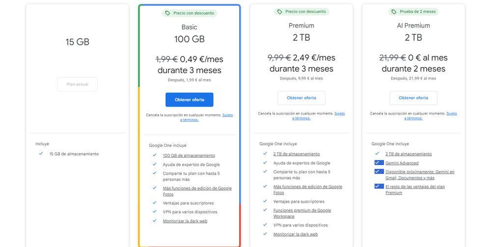 Planes de Google One en España con sus respectivos precios
