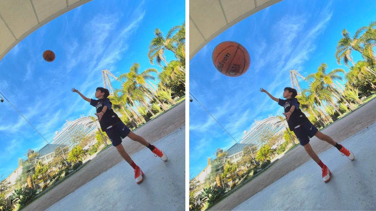 Vemos 2 fotos de un niño jugando al baloncesto saltando un poco. Galaxy S24 Ultra. Utilizando las funciones de inteligencia artificial AI, el usuario retoca la imagen para cambiar el balón de baloncesto de posición sin alterar el fondo y manteniendo una calidad óptima y una alta resolución en la imagen.