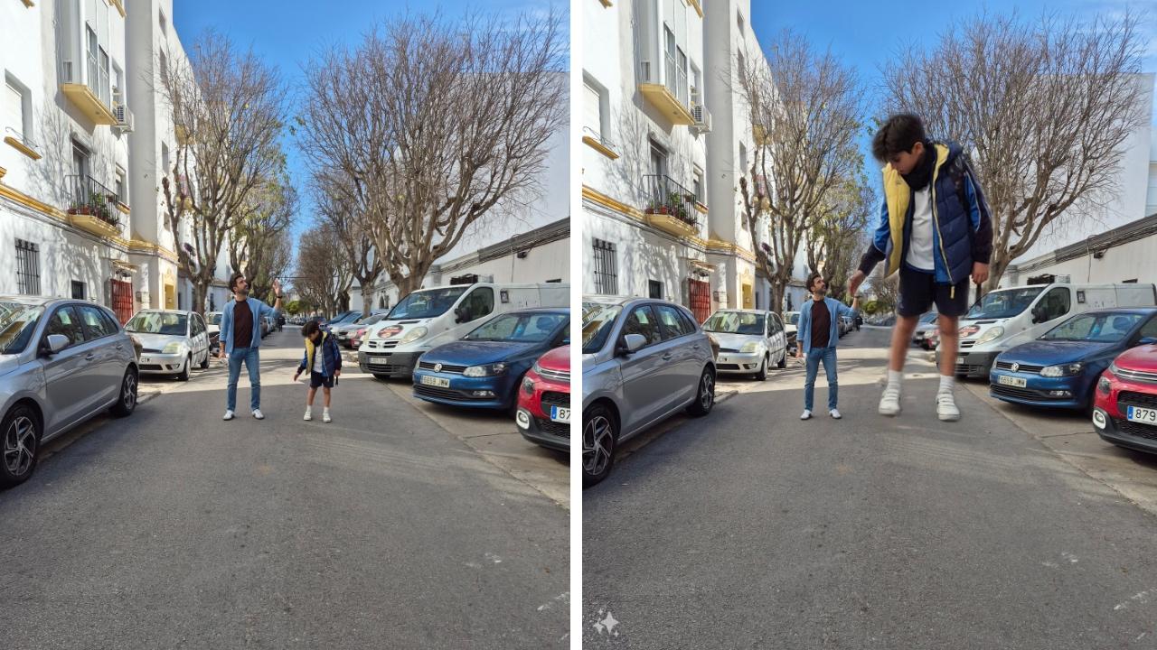 Vemos 2 fotos de dos adolescentes en una calle de España. Un usuario utiliza su smartphone Galaxy S24 Ultra con la cámara equipada con el sistema Tele Quad y las funciones de inteligencia artificial AI, retocando la imagen para agrandar el tamaño como si fuera una persona gigante.