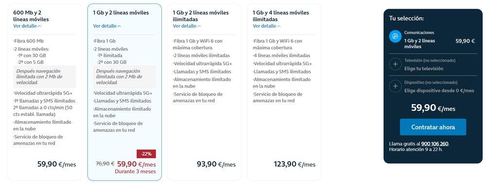 Información de la tarifa en oferta de Movistar con fibra y dos líneas móviles