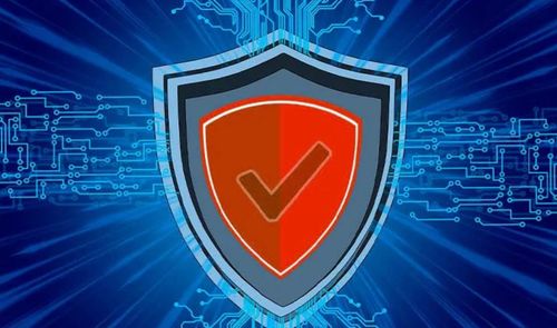 Ilustración de un escudo con un signo de verificación sobre un fondo azul con circuitos digitales.