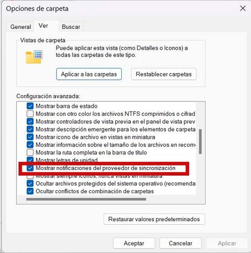 Pestaña Mostrar notificaciones del proveedor de sincronización Windows 11