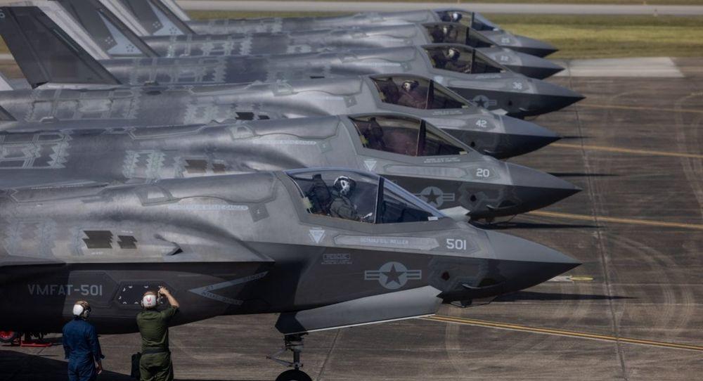Several F-35 model stealth fighters preparing for test flights