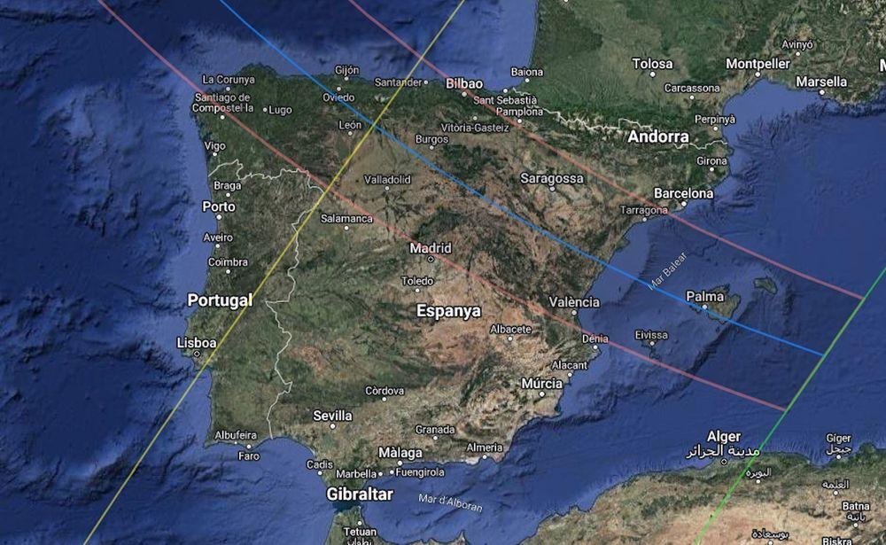 Mapa de España con la guía del eclipse solar de 2026