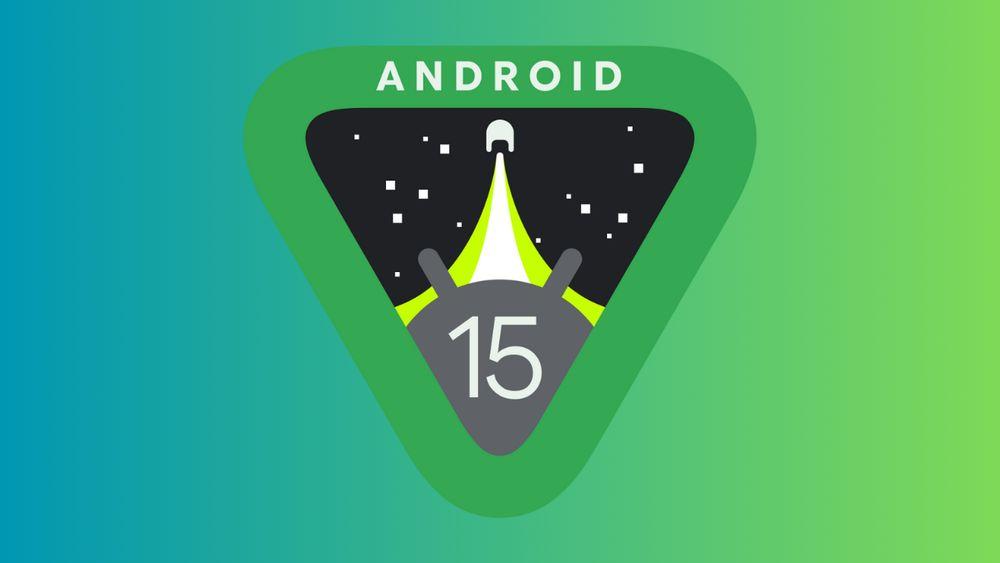 Logo de Android 15 con un fondo de varios tonos verdes