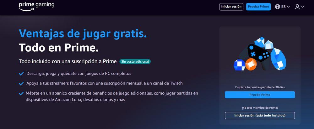 Menú de entrada de la página web del servicio Prime Gaming de Amazon