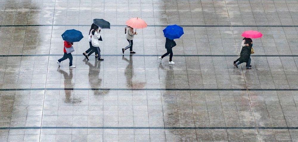 Grupo de personas caminando con el paraguas bajo la lluvia