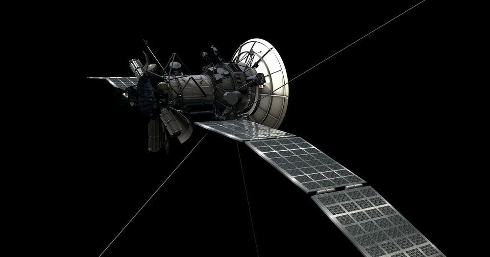 Un satélite en el espacio con distintas tareas controladas desde la Tierra