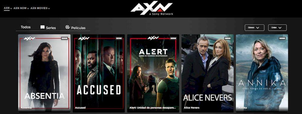 Interfaz del servicio AXN Now con películas y series