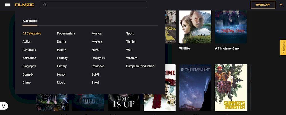 Lista de categorías disponibles en la plataforma Filmzie