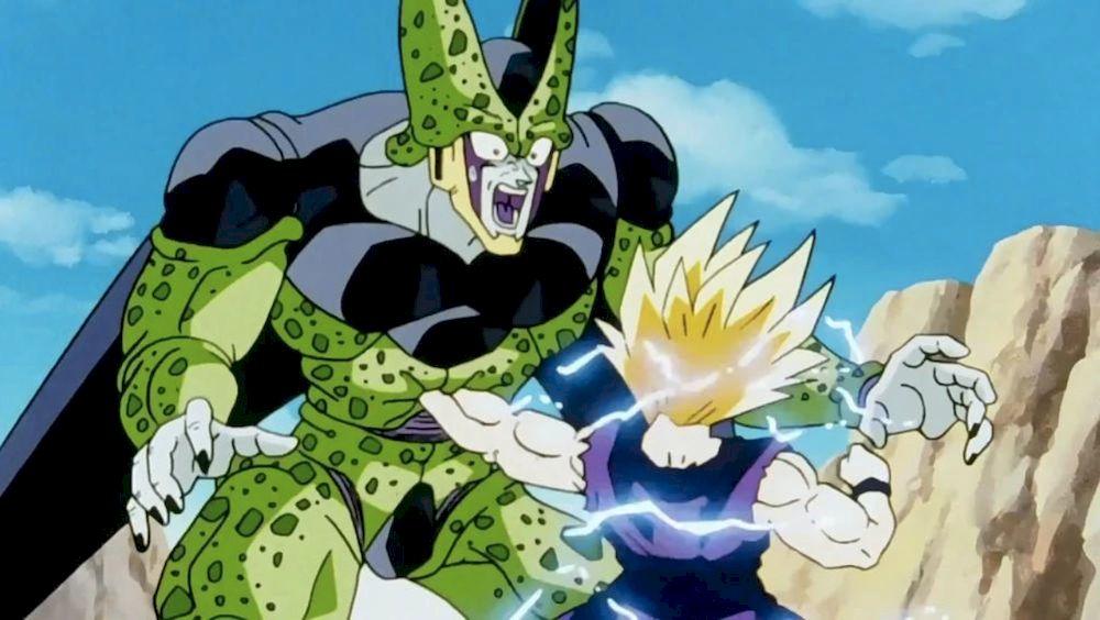 Son Gohan ataca a Célula en una escena del anime Dragon Ball Z